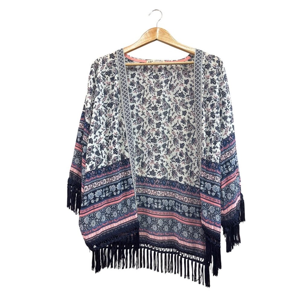 Jolt Womens Floral & Paisley Fringe Kimono Cardigan S Polyester
